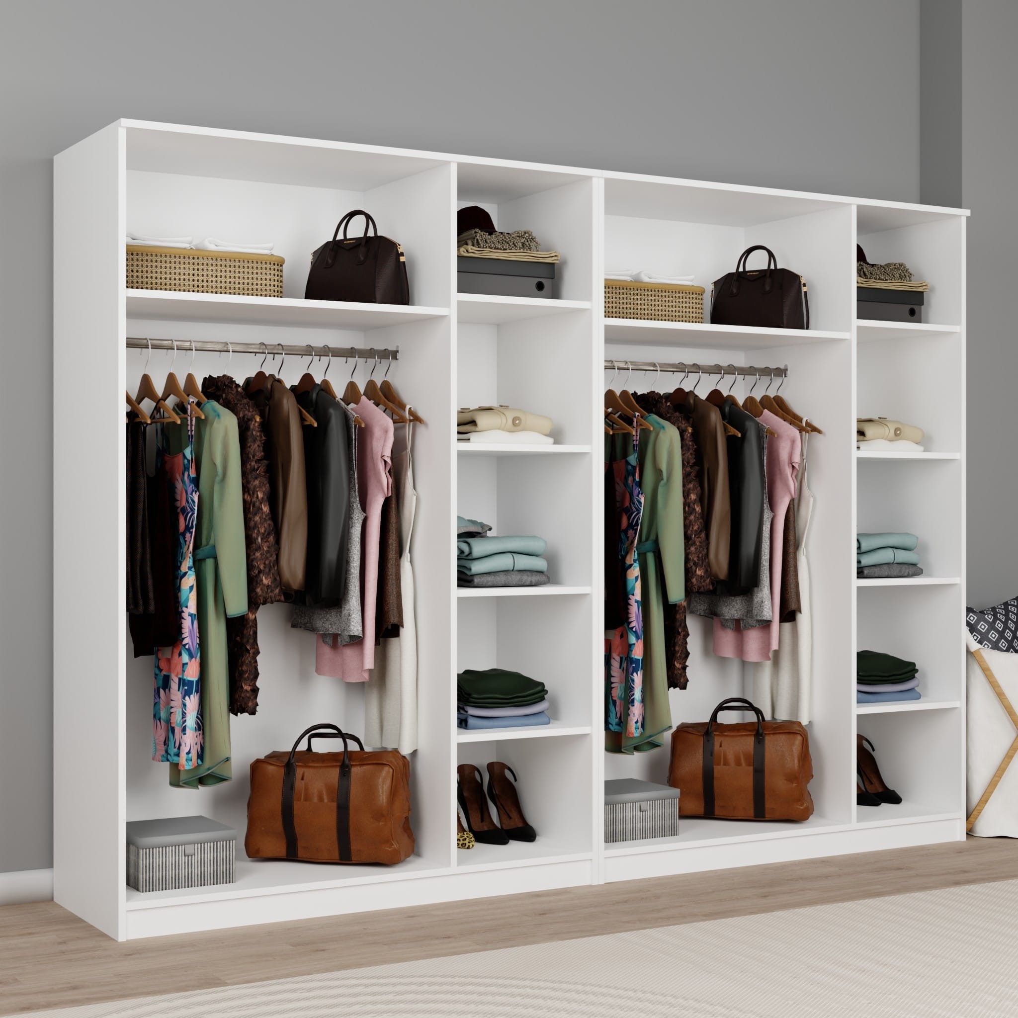 Lucas 6 Kapaklı, 12 Raf Bölmeli, Askılıklı Geniş Elbise Dolabı, Gardırop, Beyaz 190*270