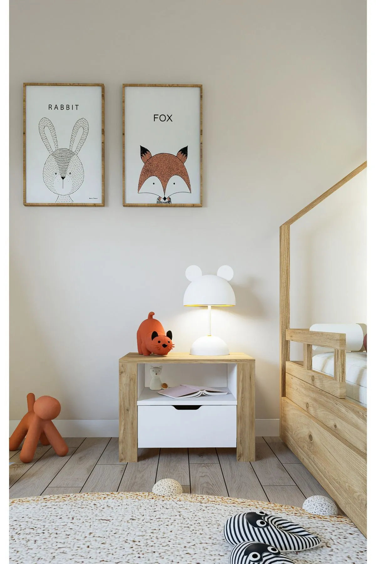 Nisan 2 Çekmeceli Komodin Beyaz-Keçe ( Açık Ceviz)