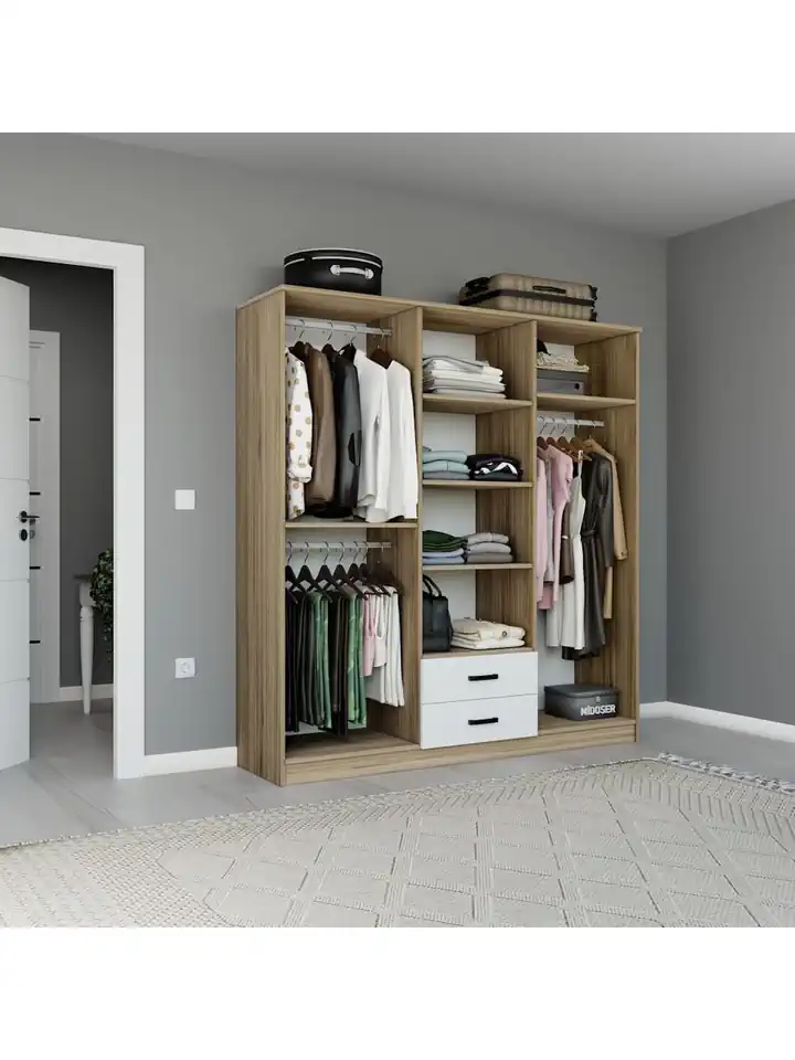 Yaman 6 Kapaklı 2 Çekmeceli Elbise Dolabı Gardırop Ceviz - Beyaz