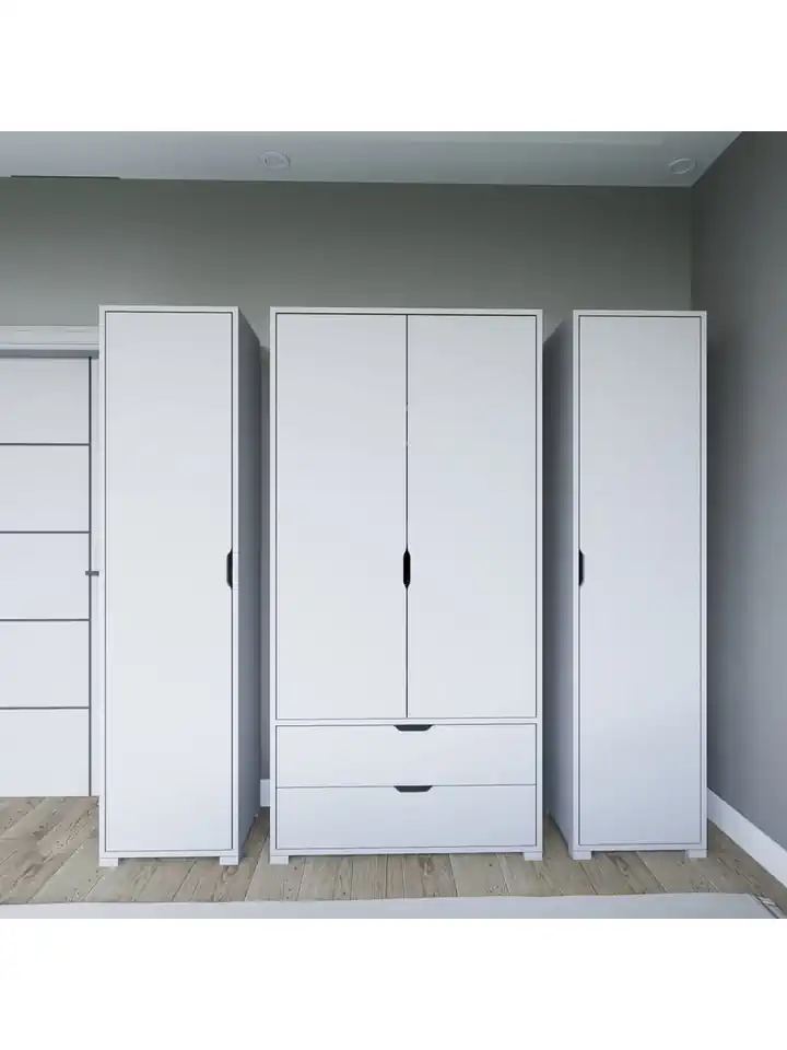 Duru Mat Beyaz 4 Kapılı 2 Çekmeceli Elbise Dolabı - Gardırop Seti