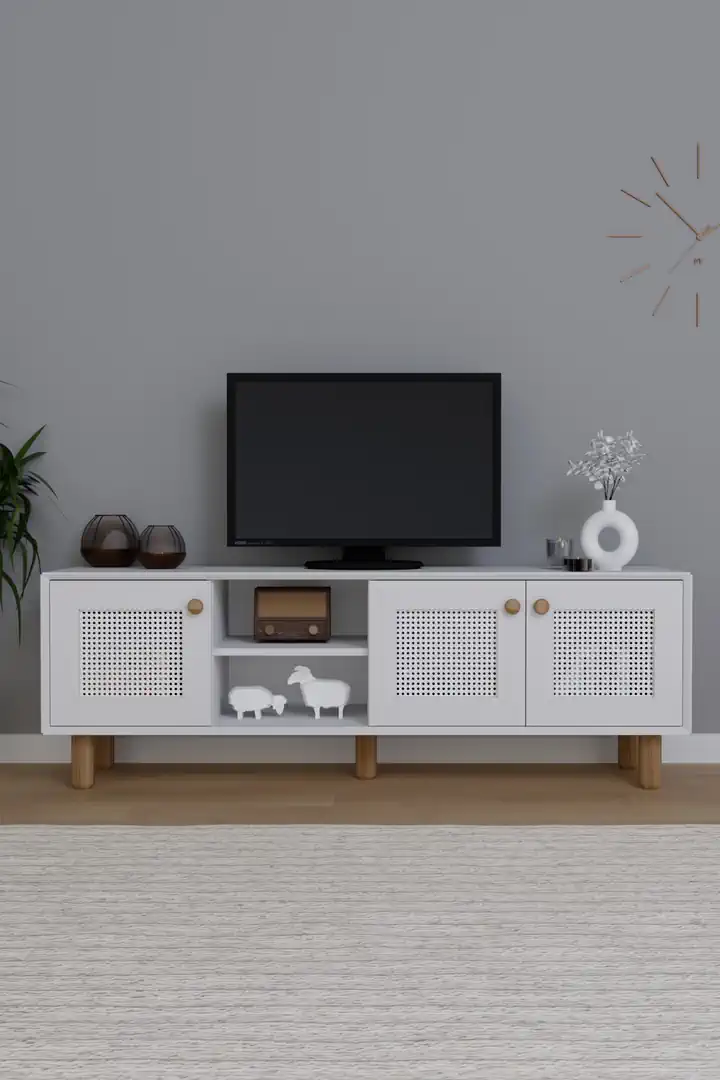 Bohem Serisi Natura Mat Beyaz Pvc Hasır Desen Tv Ünitesi