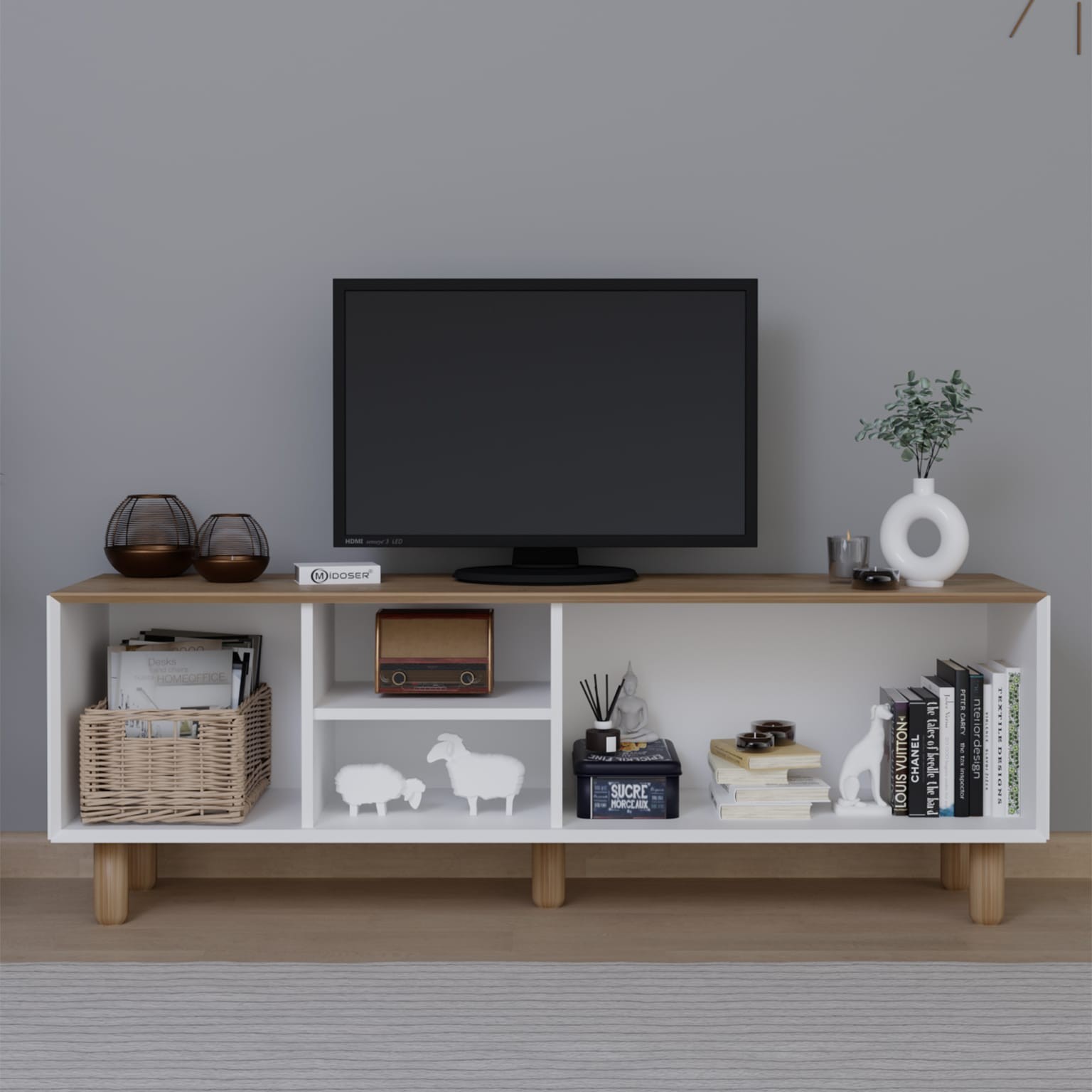 Bohem Serisi Garden Meşe - Beyaz Pvc Hasır Desen Tv Ünitesi