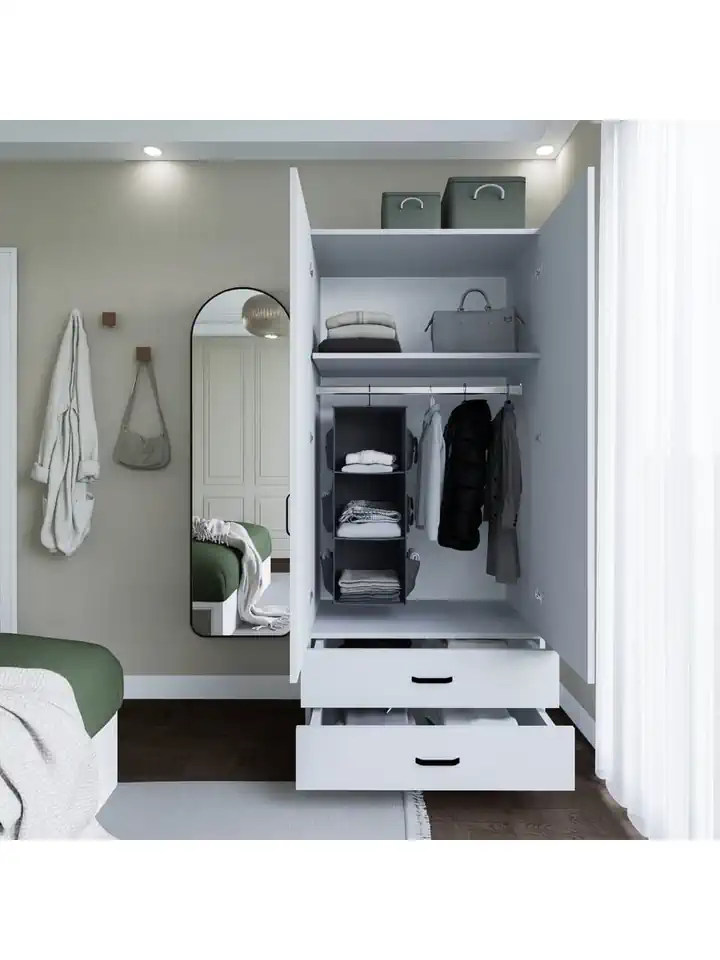 Yaman 80 cm Mat Beyaz 2 Kapaklı 2 Çekmeceli Elbise Dolabı - Gardırop