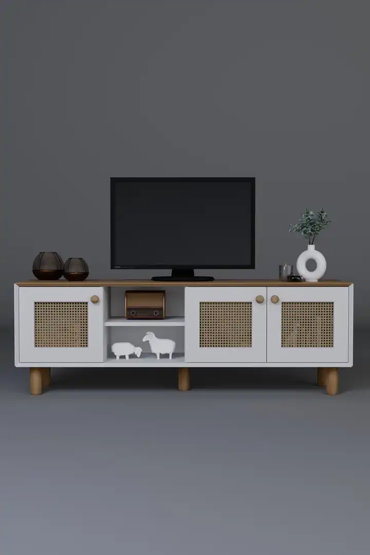 Bohem Serisi Garden Meşe - Beyaz Pvc Hasır Desen Tv Ünitesi