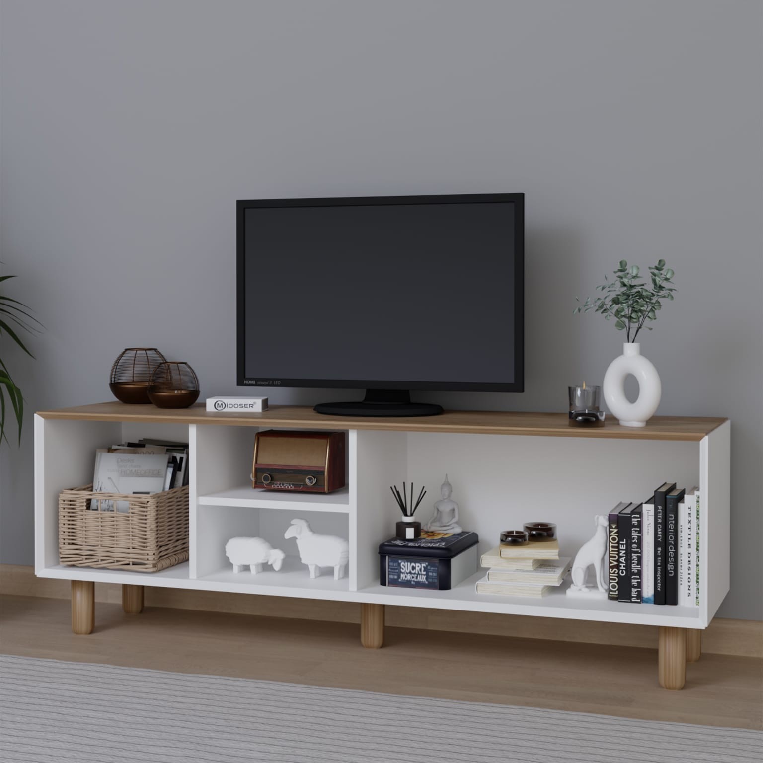 Bohem Serisi Garden Meşe - Beyaz Pvc Hasır Desen Tv Ünitesi