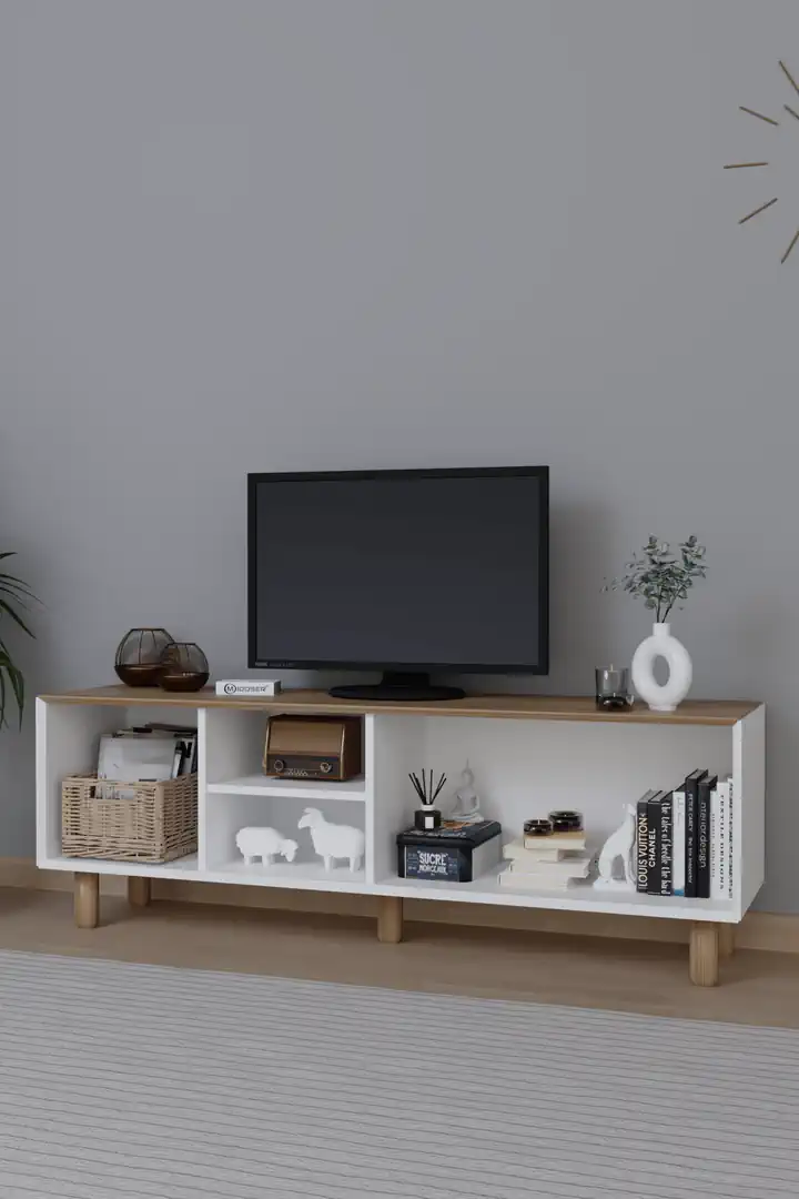Bohem Serisi Garden Meşe - Beyaz Pvc Hasır Desen Tv Ünitesi