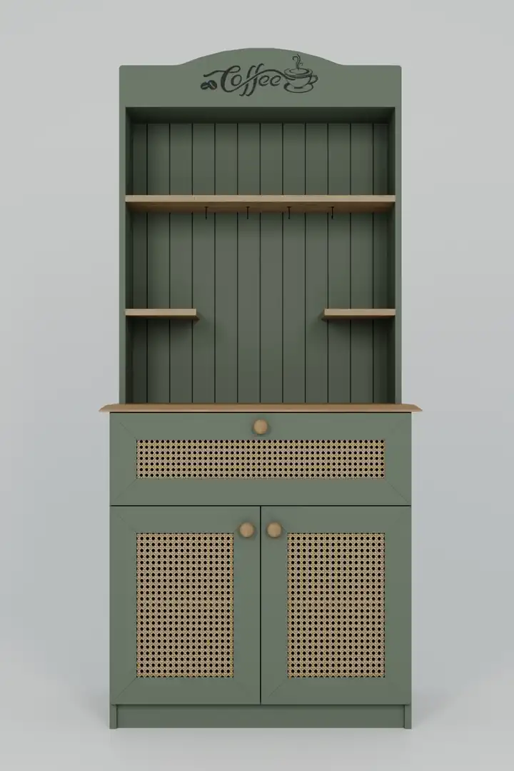 Lucas 2 Kapaklı Çekmeceli Pvc Hasır Desen Kahve Köşesi & Çok Amaçlı Mutfak Dolabı-Açık Ceviz & Yeşil