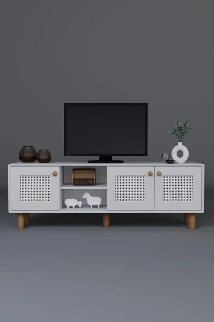 Bohem Serisi Natura Mat Beyaz Pvc Hasır Desen Tv Ünitesi