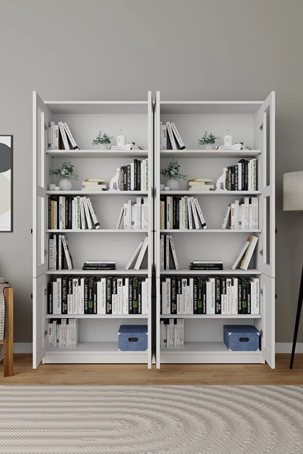 Lisa 8 Kapaklı Beyaz Vitrin Seti - Kitaplık ve Çok Amaçlı Dolap