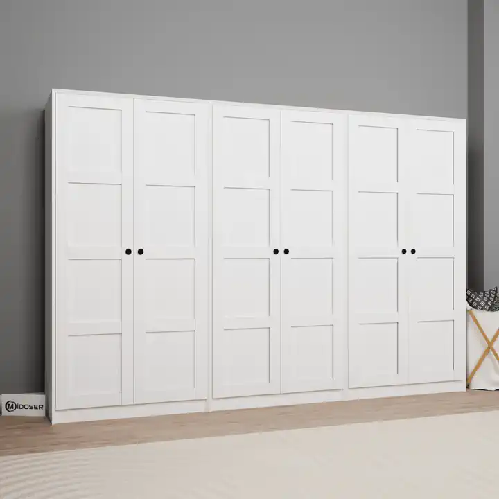 Lucas 6 Kapaklı 3 Askılı 8 Raflı Yüklük ve Elbise Dolabı Seti - Mat Beyaz