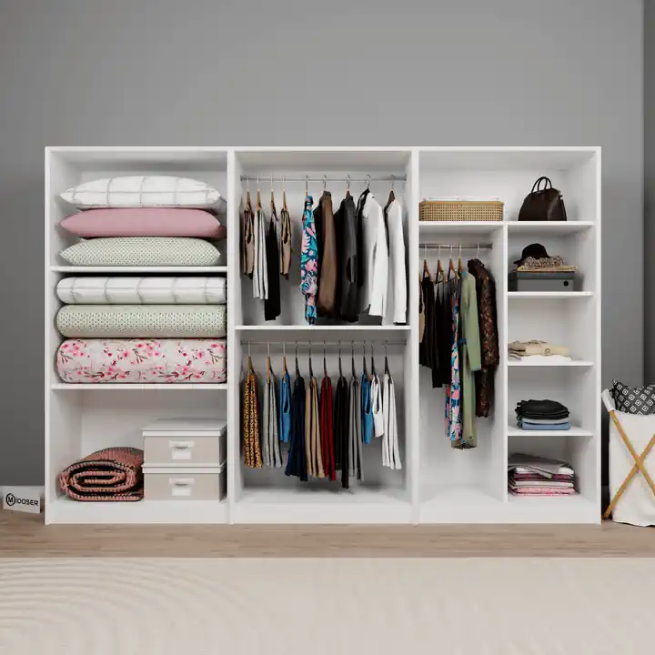 Lucas 6 Kapaklı 3 Askılı 8 Raflı Yüklük ve Elbise Dolabı Seti - Mat Beyaz