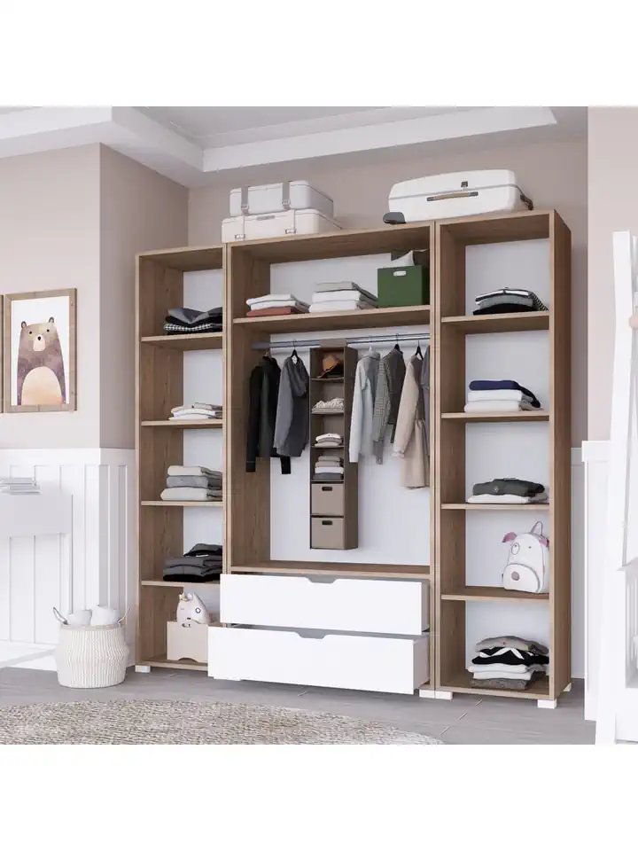 Nisan Açık Ceviz-beyaz 4 Kapılı 2 Çekmeceli Elbise Dolabı - Gardırop Seti