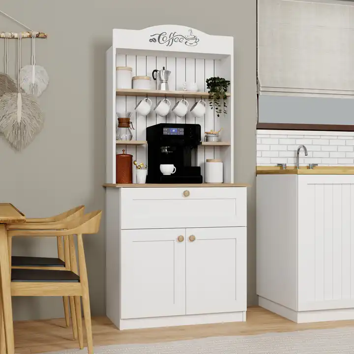 Lucas 2 Kapaklı Çekmeceli Kahve Köşesi ve Çok Amaçlı Mutfak Dolabı - Açık ceviz & Beyaz