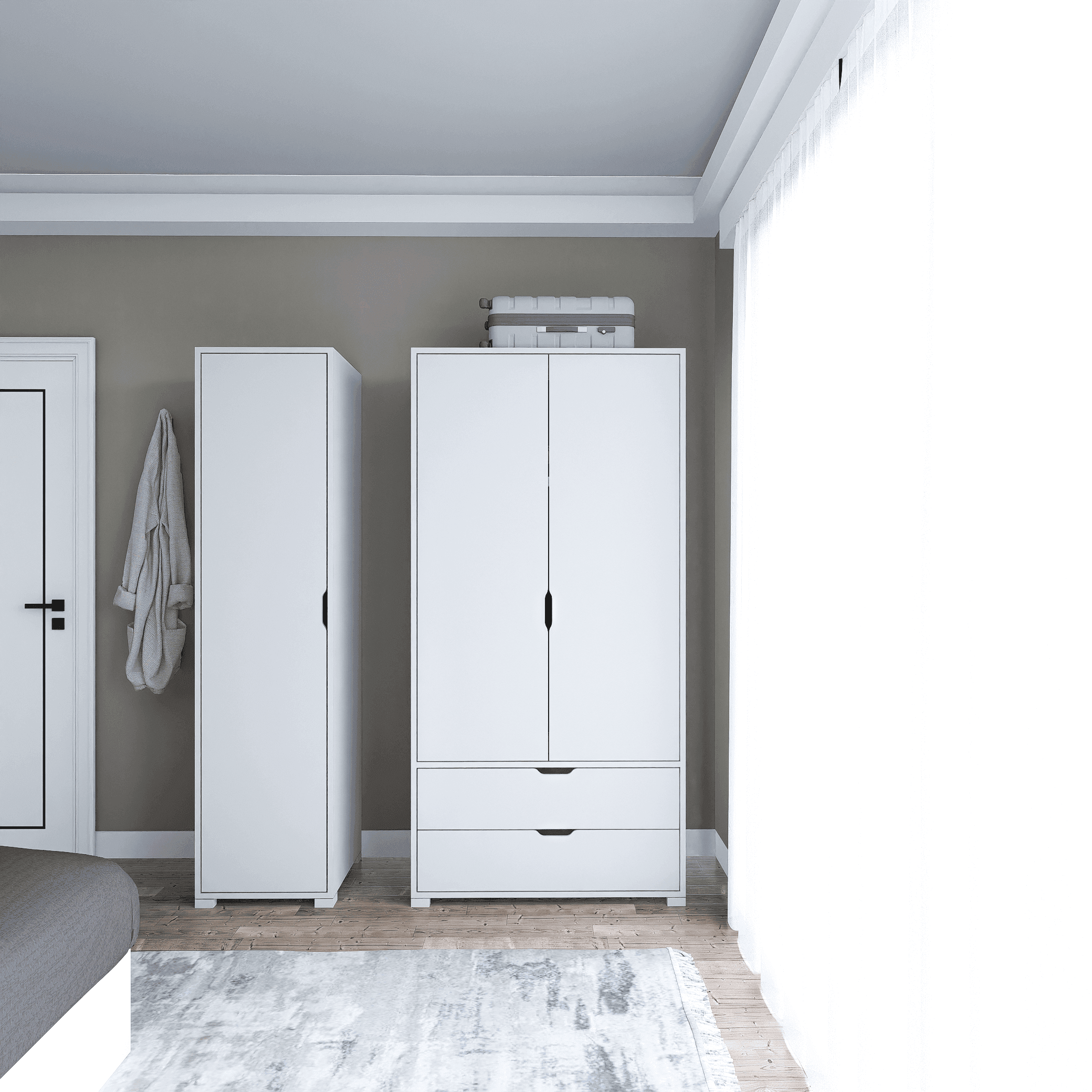 Duru Mat Beyaz 3 Kapılı 2 Çekmeceli Elbise Dolabı - Gardırop Seti