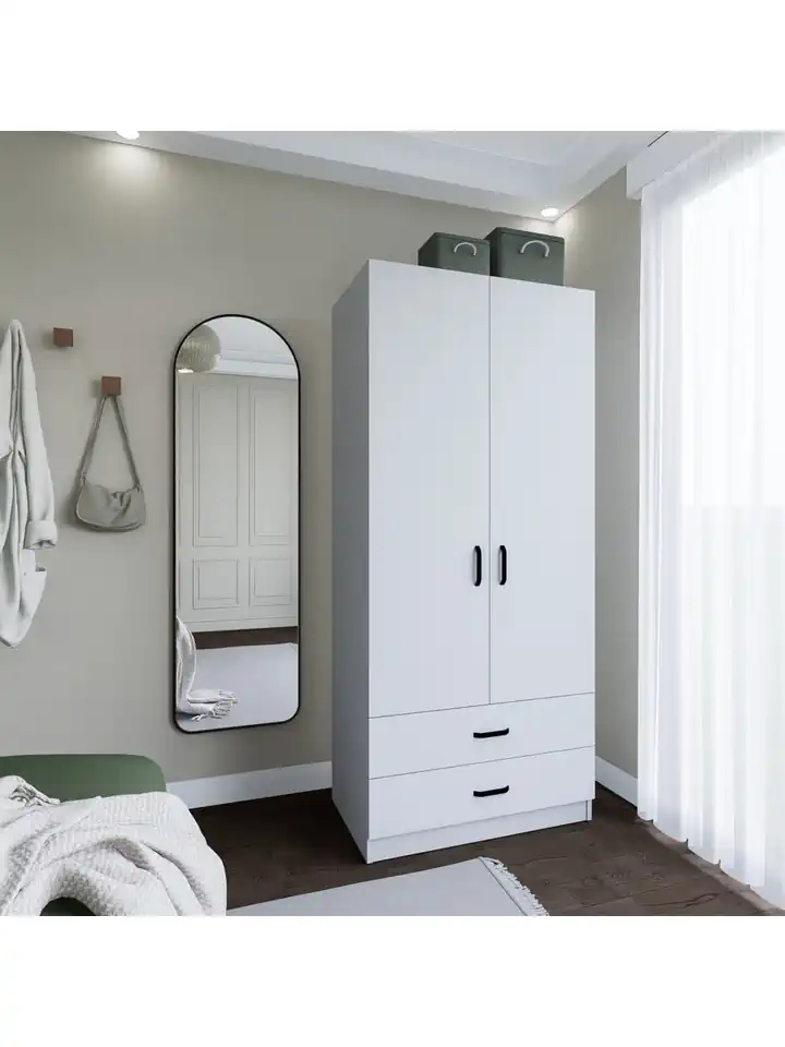 Yaman 80 cm Mat Beyaz 2 Kapaklı 2 Çekmeceli Elbise Dolabı - Gardırop