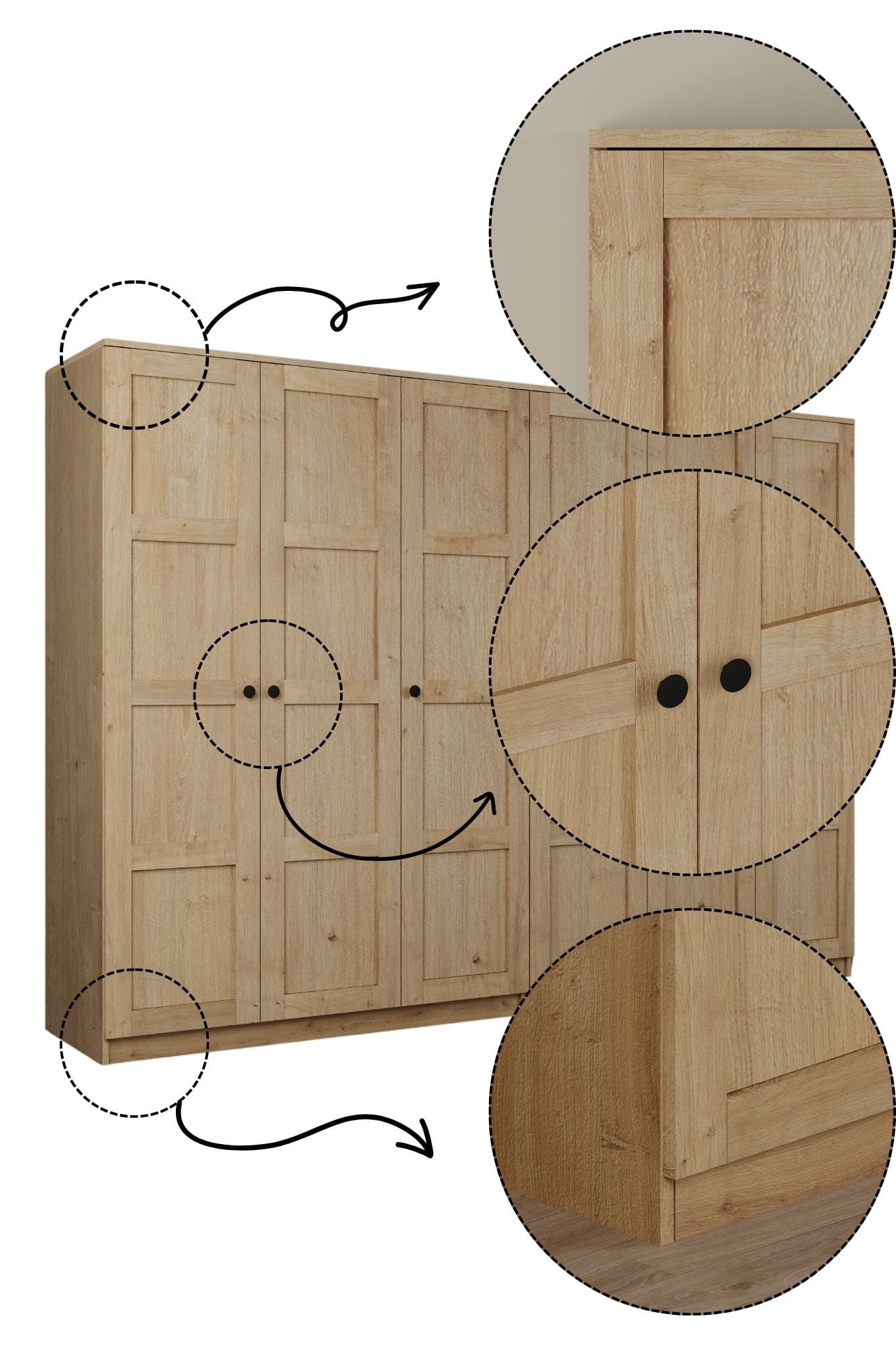 Lucas 6 Kapaklı,15 Raf Bölmeli Yüklük & Askılıklı Geniş Elbise Dolabı-Gardırop Safir Meşe 190x270 cm