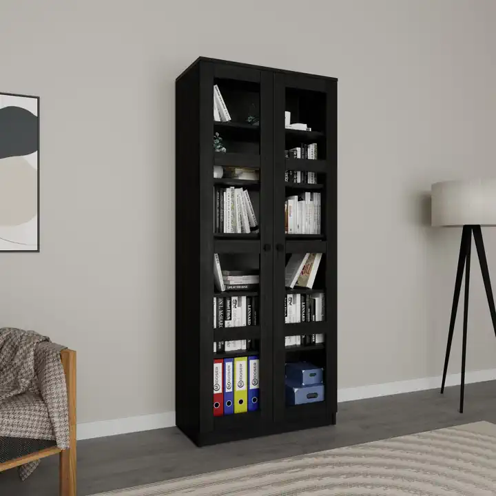 Lucas Cam Kapaklı Vitrin - Büfe - Kitaplık ve Çok Amaçlı Dolap ( AYARLANABİLİR RAF ) - Siyah