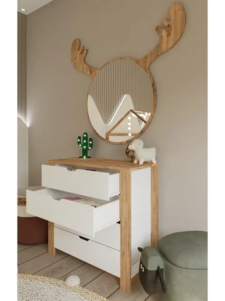 Nisan Şifonyer Beyaz- Açık Ceviz 4 Çekmeceli Yatak Odası Bebek Odası Beyaz 90 X 85 Cm