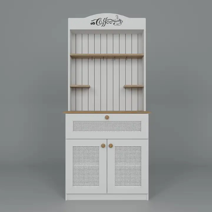 Lucas 2 Kapaklı Çekmeceli Pvc Hasır Desen Kahve Köşesi & Çok Amaçlı Mutfak Dolabı-Açık Ceviz & Beyaz