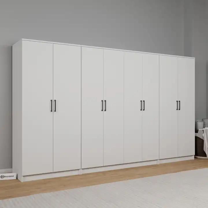 Kardelen Serisi 300 cm Mat Beyaz 8 Kapılı 13 Raflı Elbise Dolabı - Gardırop Seti