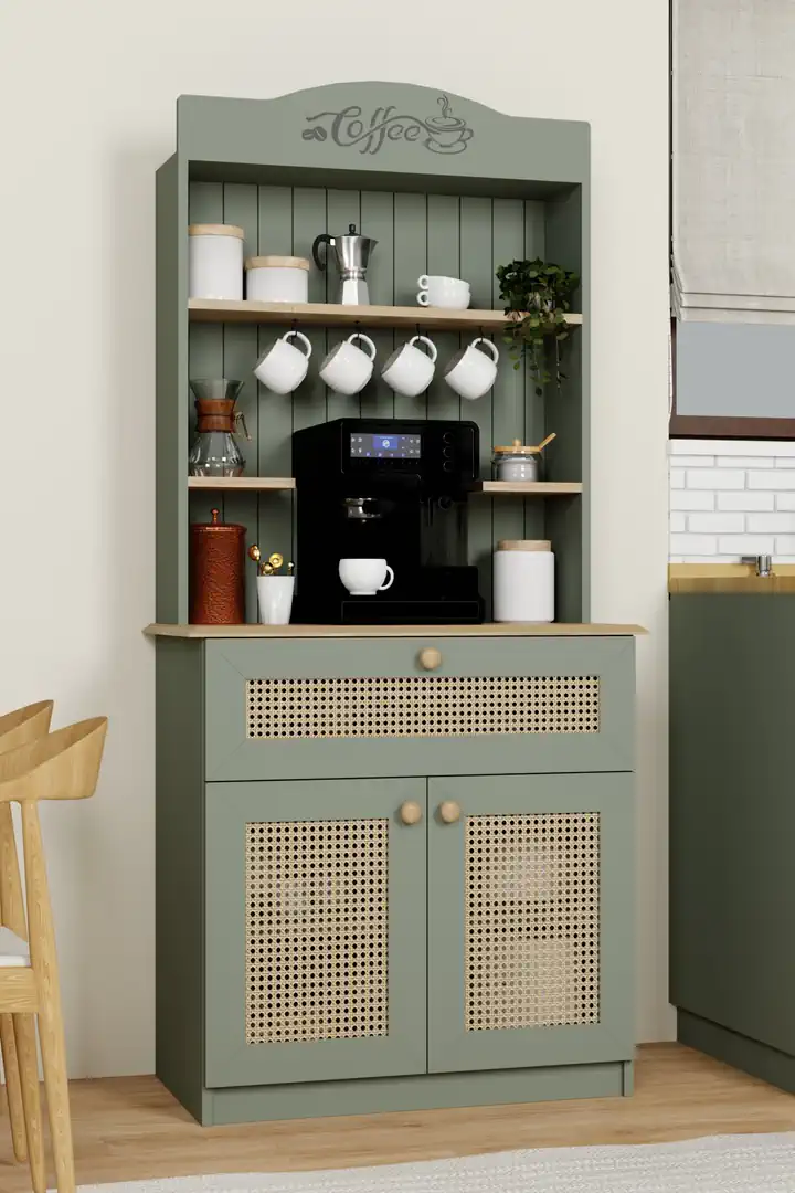 Lucas 2 Kapaklı Çekmeceli Pvc Hasır Desen Kahve Köşesi & Çok Amaçlı Mutfak Dolabı-Açık Ceviz & Yeşil