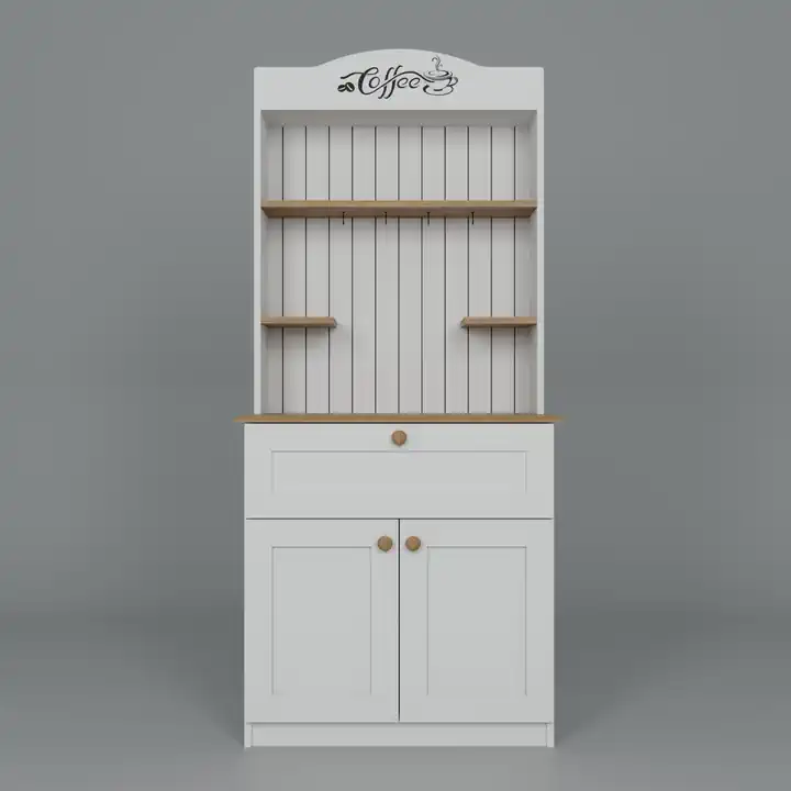 Lucas 2 Kapaklı Çekmeceli Kahve Köşesi ve Çok Amaçlı Mutfak Dolabı - Açık ceviz & Beyaz