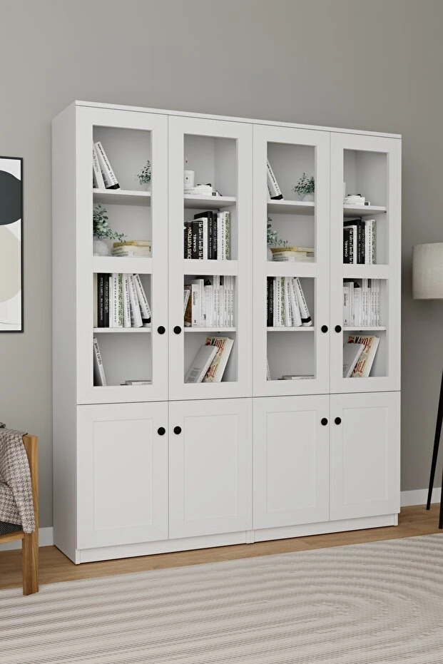 Lisa 8 Kapaklı Beyaz Vitrin Seti - Kitaplık ve Çok Amaçlı Dolap