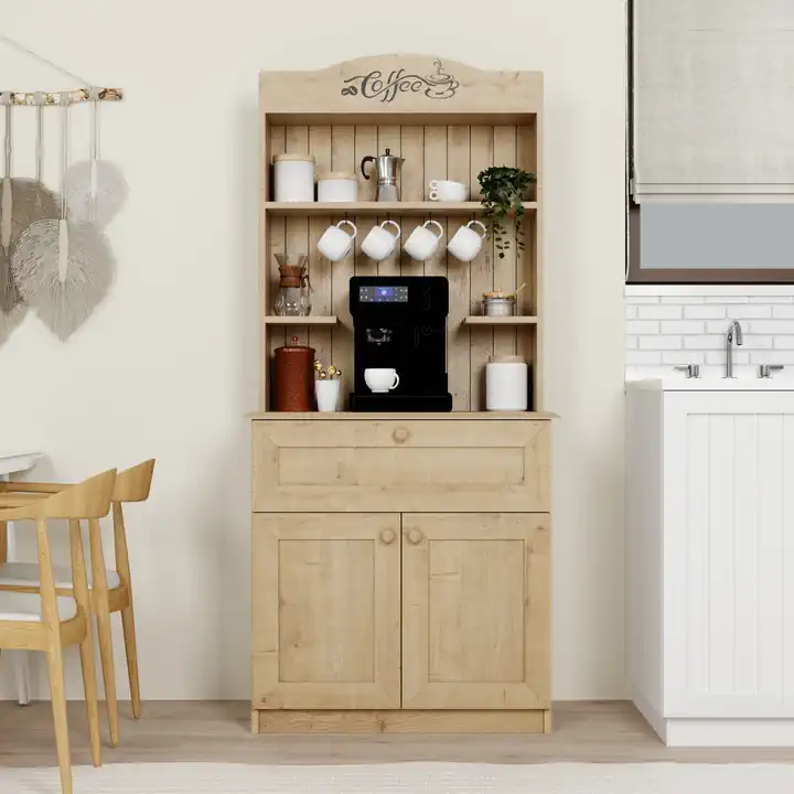 Lucas 2 Kapaklı Çekmeceli Kahve Köşesi ve Çok Amaçlı Mutfak Dolabı - Safir Meşe