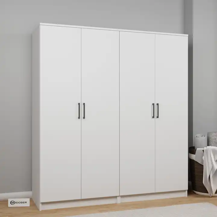 Kardelen Serisi 160 cm Mat Beyaz 4 Kapılı 8 Raflı Elbise Dolabı - Gardırop Seti