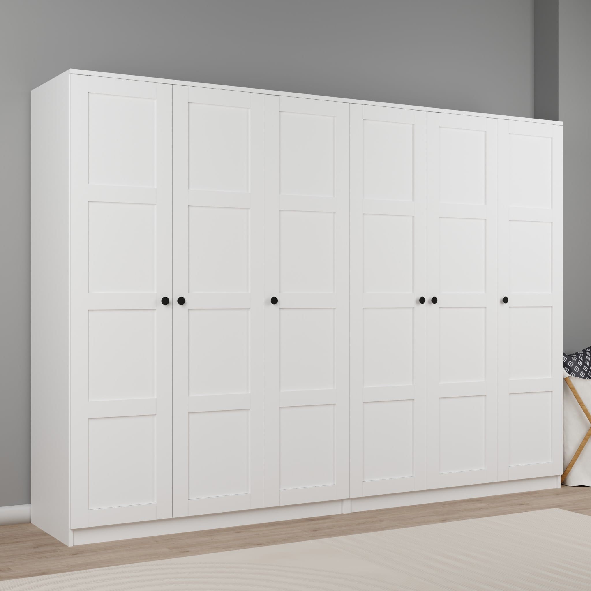 Lucas 6 Kapaklı, 12 Raf Bölmeli, Askılıklı Geniş Elbise Dolabı, Gardırop, Beyaz 190*270