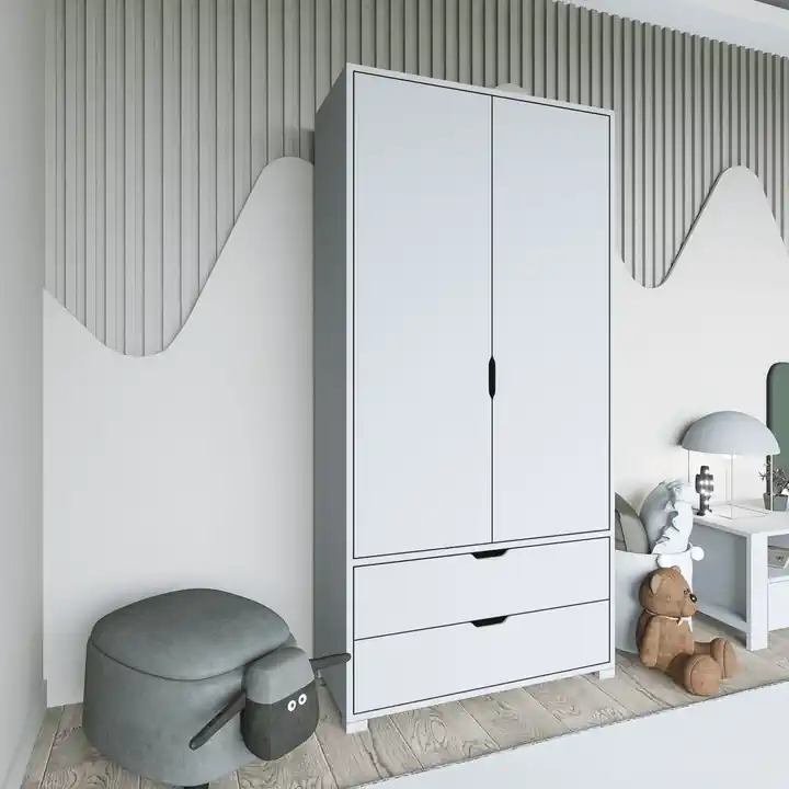 Duru 90 Cm Mat Beyaz 2 Kapılı 2 Çekmeceli Elbise Dolabı - Gardırop