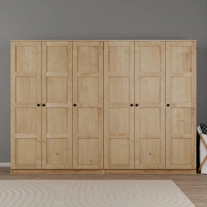 Lucas 6 Kapaklı, 12 Raf Bölmeli, Askılıklı Geniş Elbise Dolabı, Gardırop, Safir Meşe 190*270
