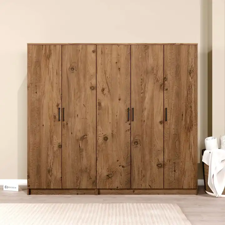 Kardelen Serisi Atlantik Çam 5 Kapaklı 9 Raflı 200 Cm Elbise Dolabı- Gardırop Seti