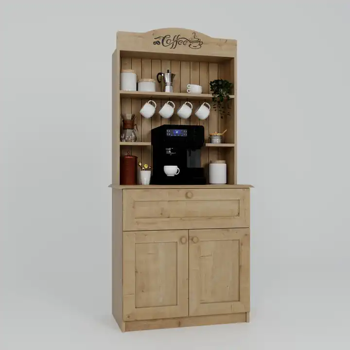 Lucas 2 Kapaklı Çekmeceli Kahve Köşesi ve Çok Amaçlı Mutfak Dolabı - Safir Meşe