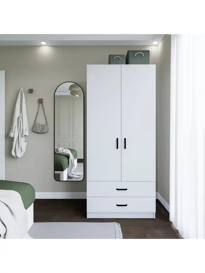 Yaman 80 cm Mat Beyaz 2 Kapaklı 2 Çekmeceli Elbise Dolabı - Gardırop