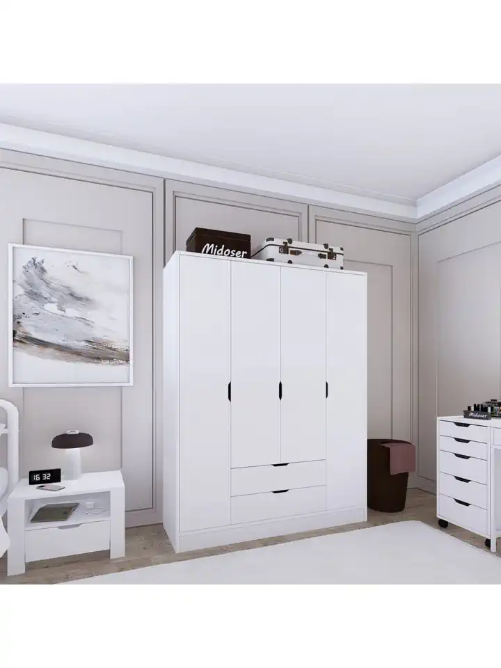 140 Cm Mat Beyaz 4 Kapılı 2 Çekmeceli Elbise Dolabı - Gardırop