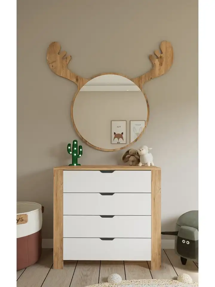 Nisan Şifonyer Beyaz- Açık Ceviz 4 Çekmeceli Yatak Odası Bebek Odası Beyaz 90 X 85 Cm
