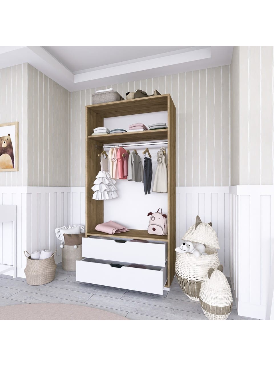 90 Cm Açık Ceviz-Beyaz 2 Kapılı 2 Çekmeceli Elbise Dolabı - Gardırop