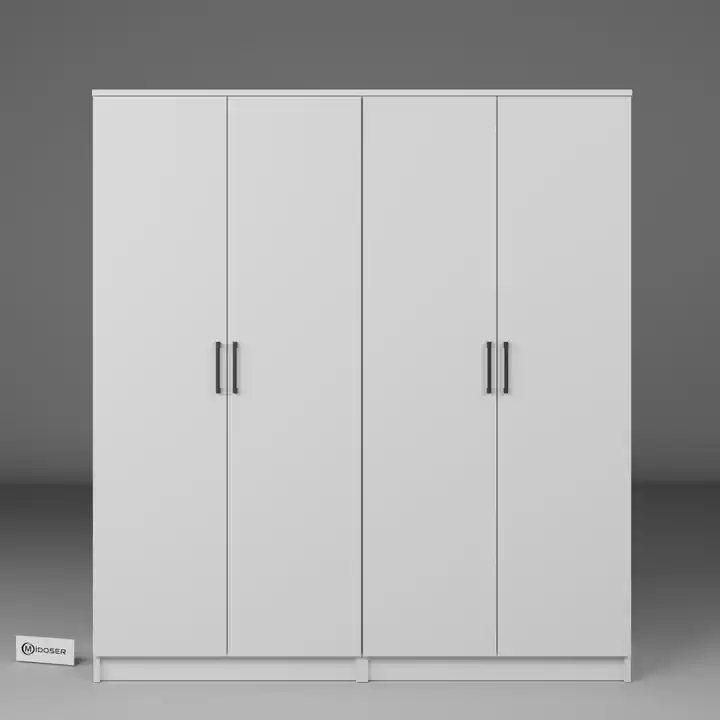 Kardelen Serisi 160 cm Mat Beyaz 4 Kapılı 8 Raflı Elbise Dolabı - Gardırop Seti
