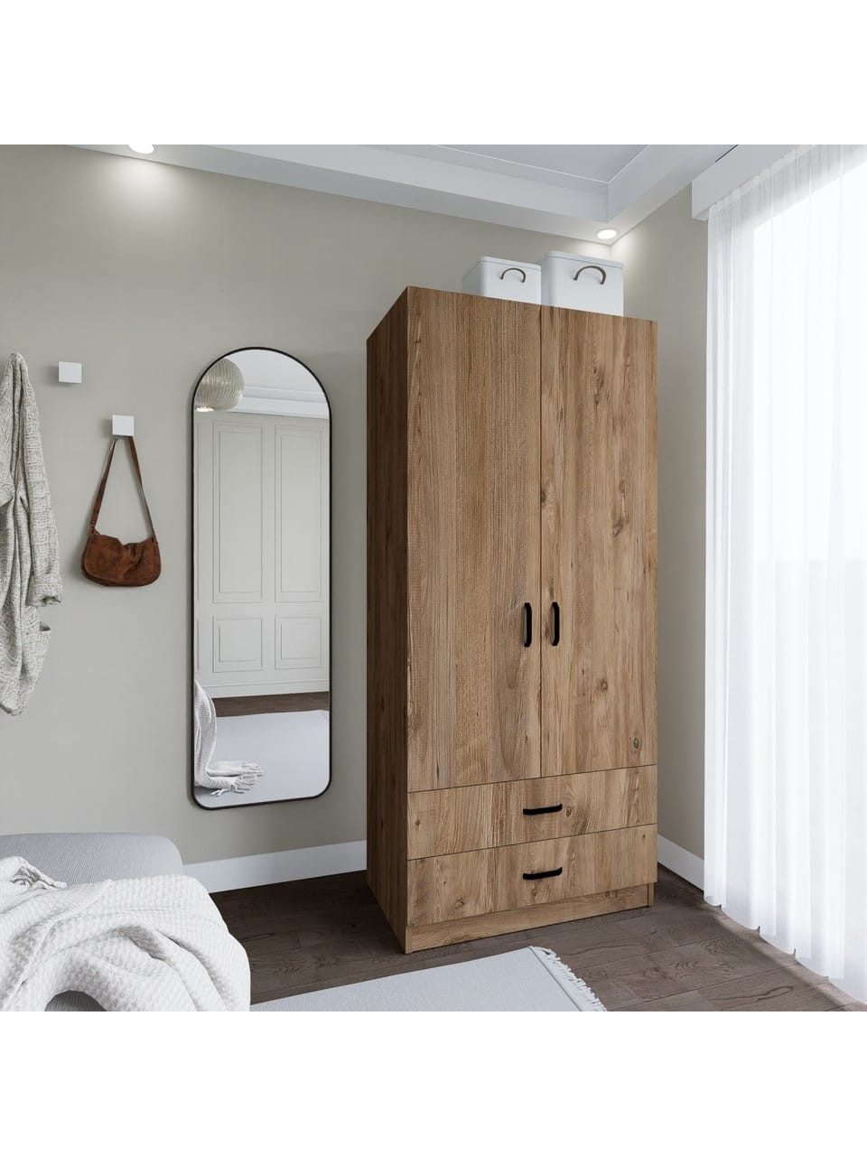 Yaman 80 cm Atlantik Çam 2 Kapaklı 2 Çekmeceli Elbise Dolabı - Gardırop