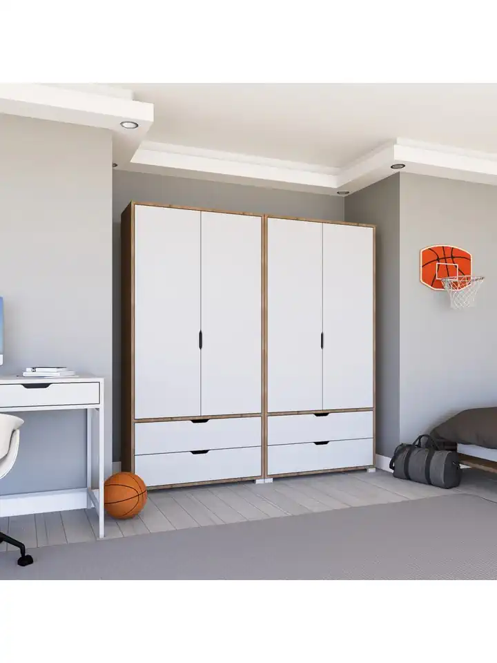 Nisan Açık Ceviz-beyaz 4 Kapılı 4 Çekmeceli Elbise Dolabı - Gardırop Seti