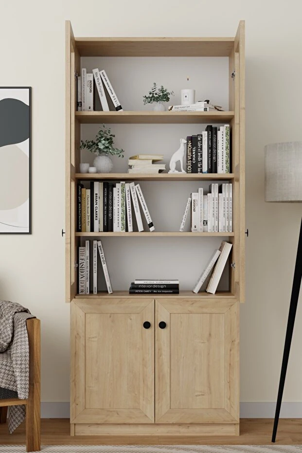 Lisa 4 Kapaklı Safir Meşe Vitrin -Kitaplık ve Çok Amaçlı Dolap