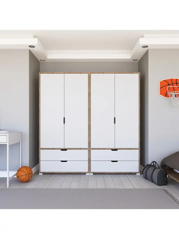 Nisan Açık Ceviz-beyaz 4 Kapılı 4 Çekmeceli Elbise Dolabı - Gardırop Seti