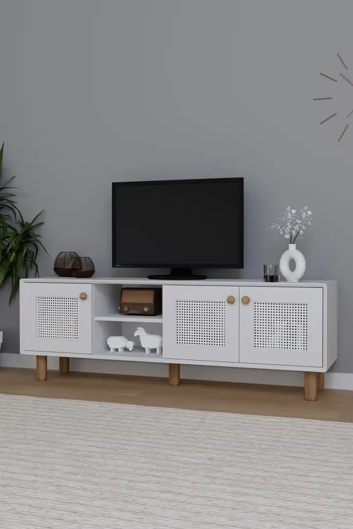 Bohem Serisi Natura Mat Beyaz Pvc Hasır Desen Tv Ünitesi