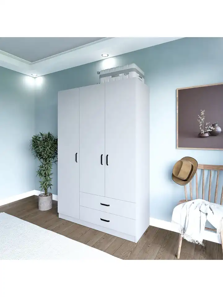 Yaman Mat Beyaz 3 Kapılı 2 Çekmeceli Elbise Dolabı-Gardırop