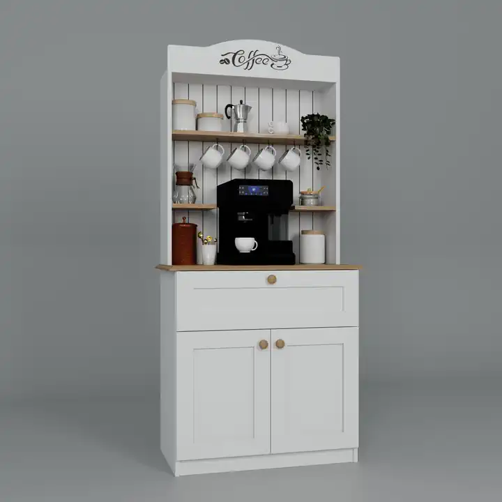 Lucas 2 Kapaklı Çekmeceli Kahve Köşesi ve Çok Amaçlı Mutfak Dolabı - Açık ceviz & Beyaz