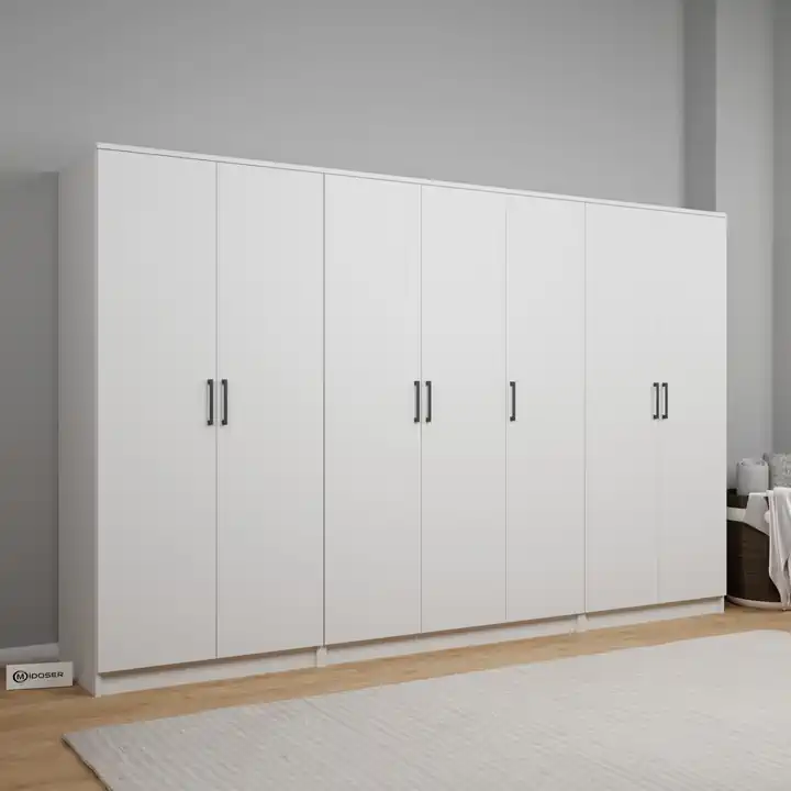 Kardelen Serisi 280 cm Mat Beyaz 7 Kapılı 13 Raflı Elbise Dolabı - Gardırop Seti