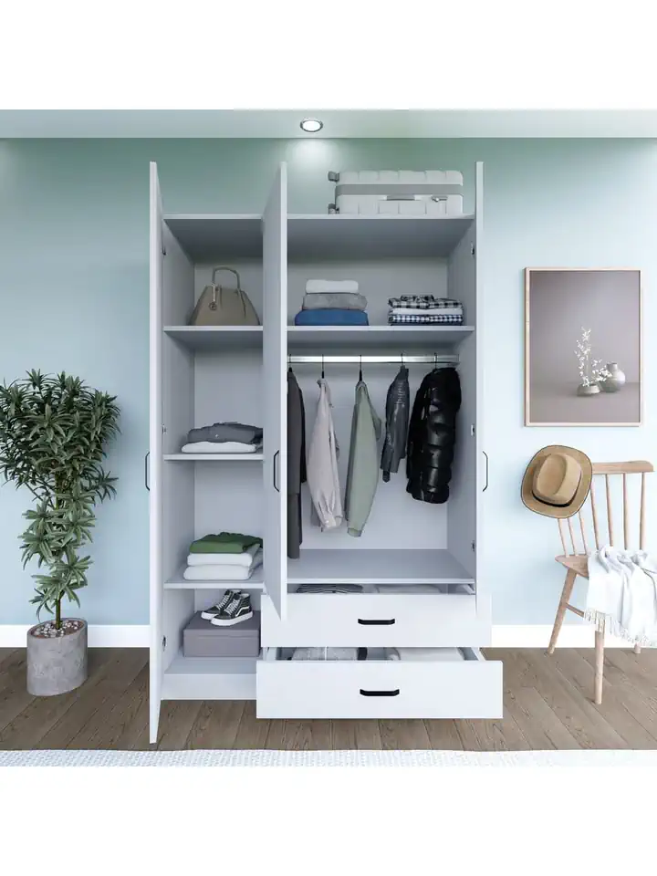 Yaman Mat Beyaz 3 Kapılı 2 Çekmeceli Elbise Dolabı-Gardırop