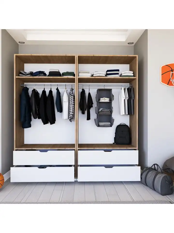 Nisan Açık Ceviz-beyaz 4 Kapılı 4 Çekmeceli Elbise Dolabı - Gardırop Seti