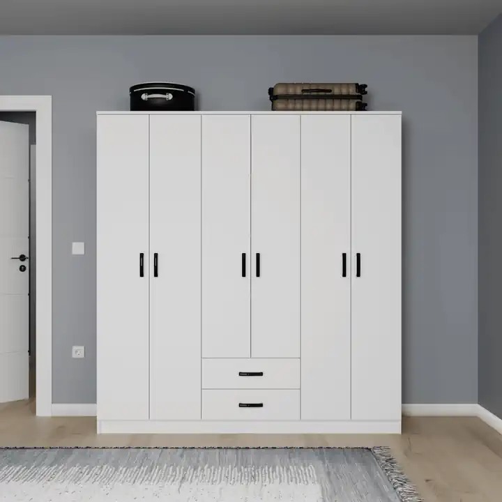 Yaman 6 Kapılı 2 Çekmeceli Mat Beyaz Elbise Dolabı-gardırop